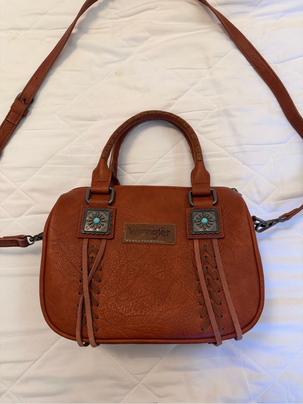 Wrangler Tan Brown Crossbody Satchel with Turquoise Conchos